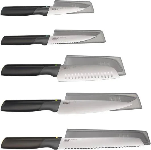 Joseph Joseph Duo 5 Piece Elevate Kitchen Knife Set, Japanese Stainless Steel Blades, Includes Paring, Serrated and Chef's Knife with Protective Sheath, Black/Opal