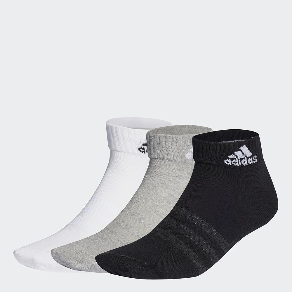 adidas Unisex Thin and Light 3 Pairs Ankle Socks, Medium Grey Heather/White/Black, S