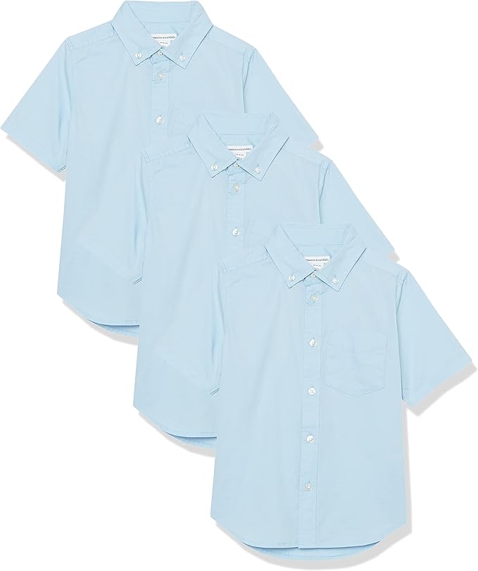 Amazon Essentials Boys' Uniform Short-Sleeved Woven Stretch Poplin Button-Down Shirts, Pack of 3 - 10 YEARS
