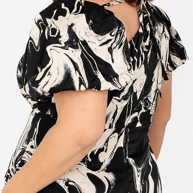 Lovedrobe Women's Ladies Midaxi Dress with Slit Plus Size Curve Asymmetrical Neckline Keyhole Bow Tie Puffed Short Sleeve Black