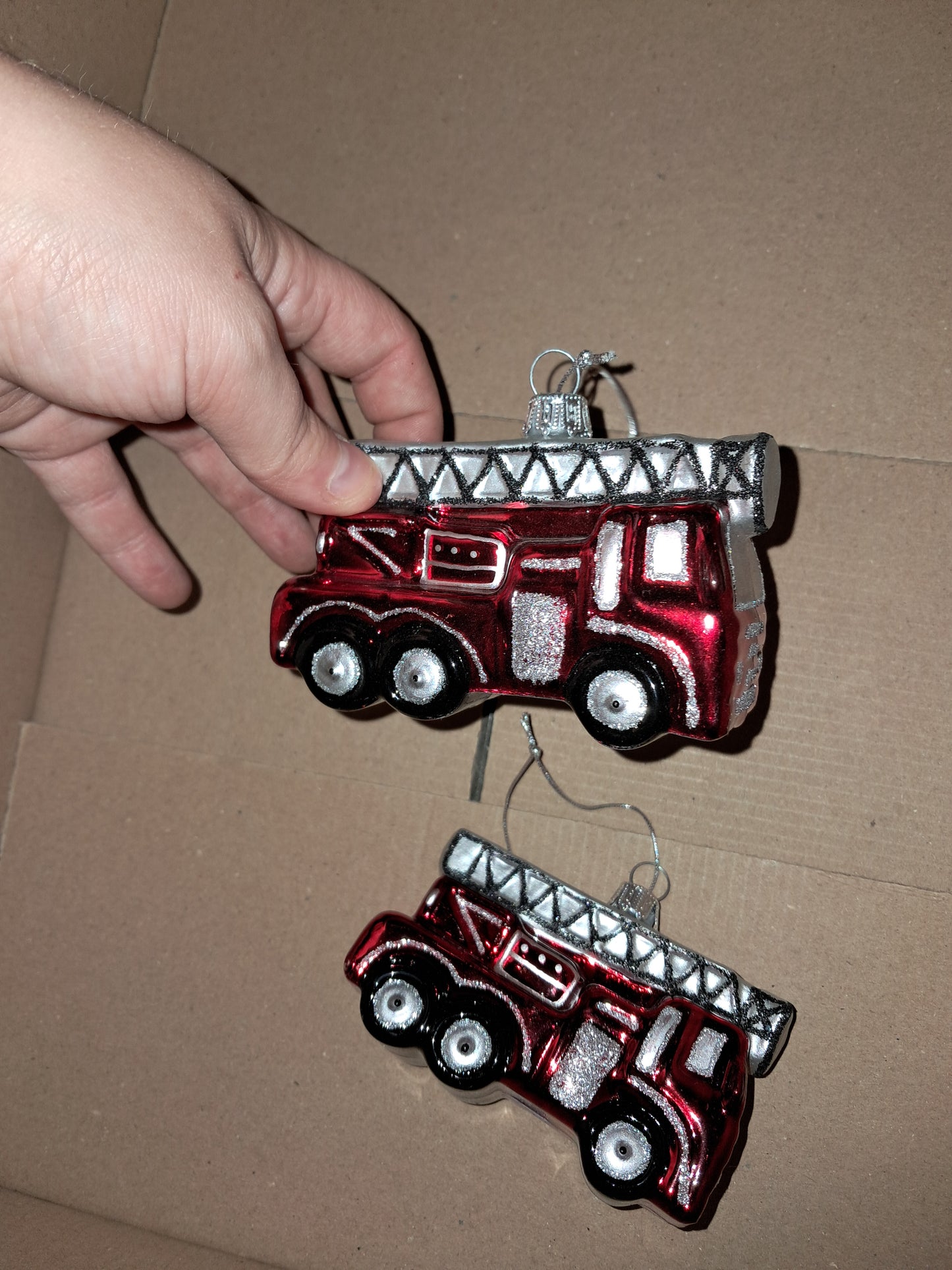 SET OF TWO GLASS fire engine hanging ornaments john lewis