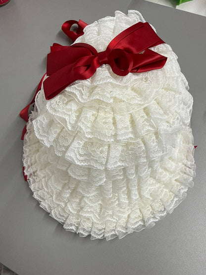 White Bonnet with red satin bows &  ties