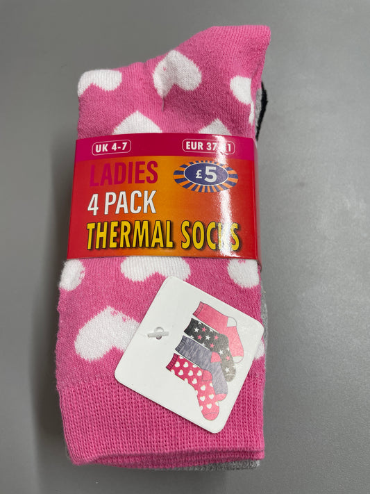 Ladies 4 Pack Thermal Socks UK 4-7 Pink & White Hearts