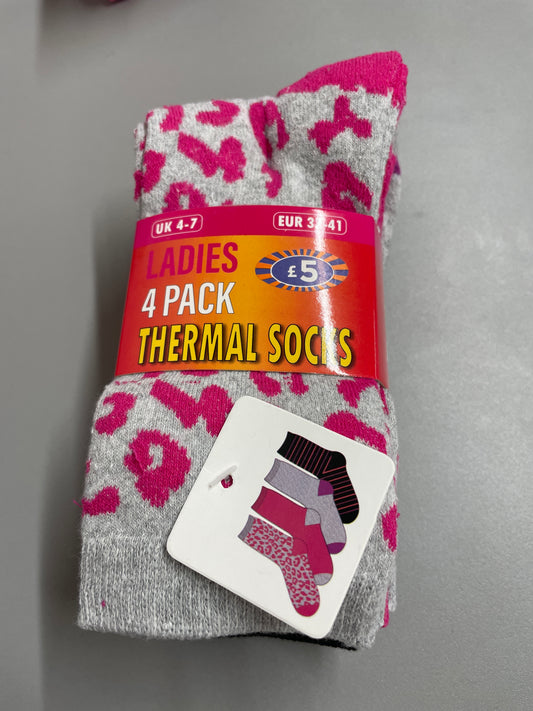 Ladies 4 Pack Thermal Socks UK 4-7 Dark Pink & Grey Leopard Print