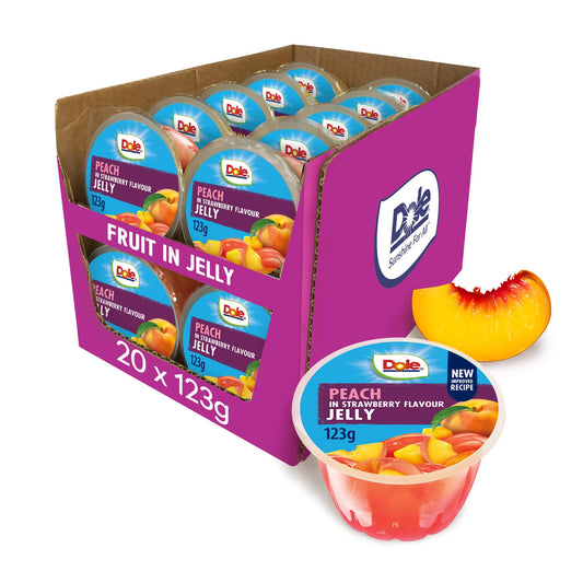 Dole Peach in Strawberry Jelly Fruit Bowls 20 x 123g, Healthy Snack Made with Fresh Fruits, Perfect for Breakfast & Dessert or Adding to Recipes