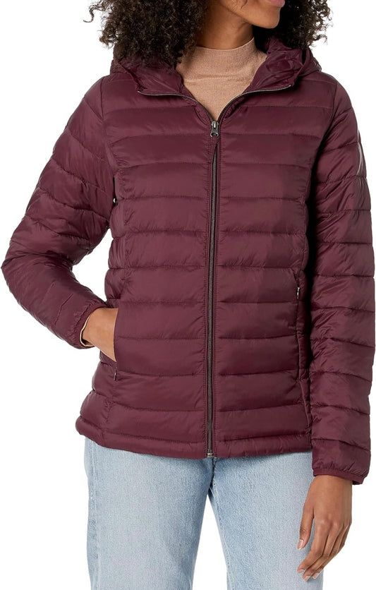 Amazon Essentials Women's Lightweight Long-Sleeve Full-Zip Water-Resistant Packable Hooded Puffer Jacket, Burgundy, M