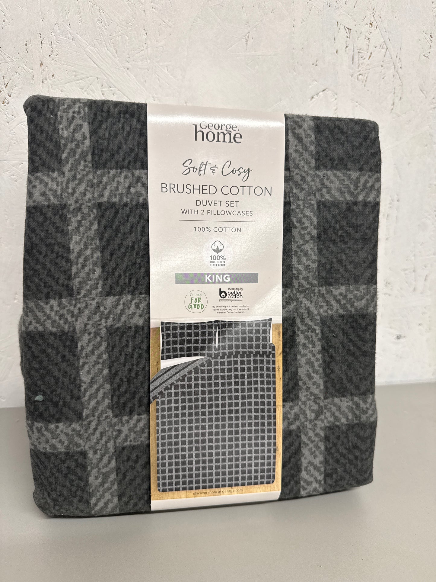 George Home - Soft & Cosy Brushed Cotton Grey Checked Duvet Set - King