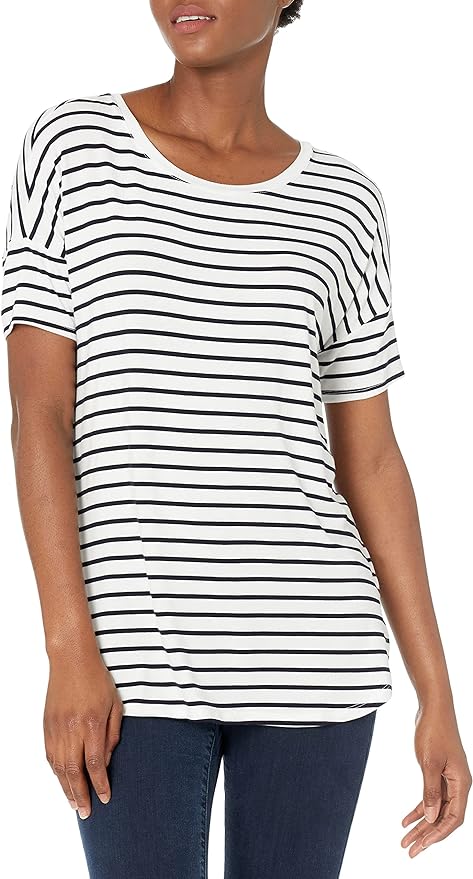 Amazon Essentials Women's Jersey Relaxed-Fit Short-Sleeve Drop-Shoulder Scoopneck Tunic (Previously Daily Ritual), White/Navy, Stripes, S