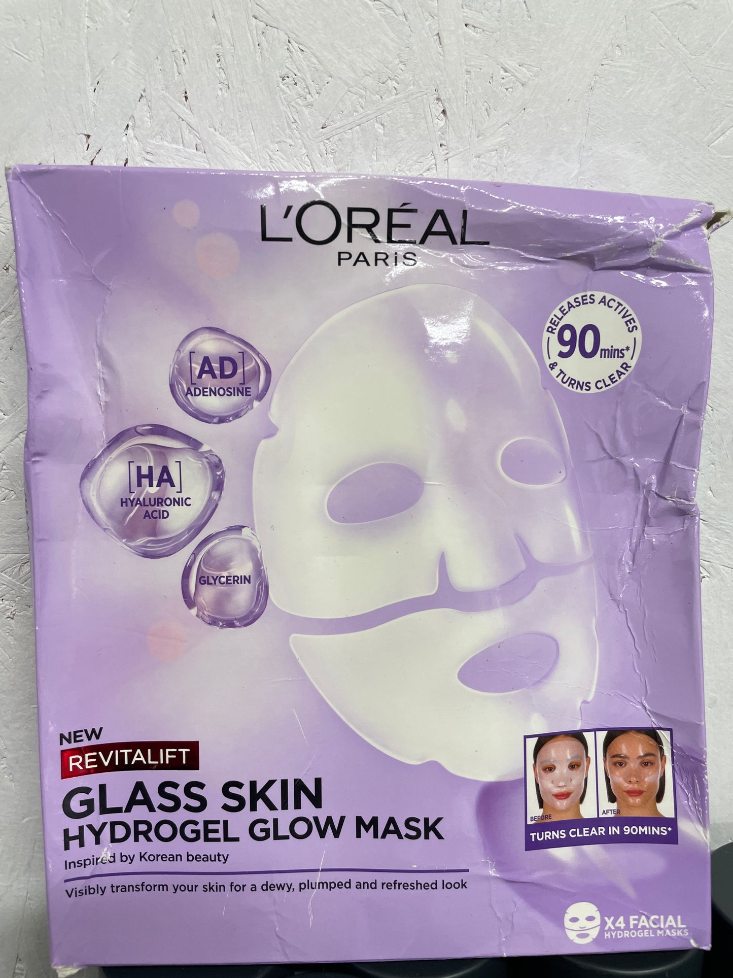 L'Oreal Paris Revitalift Glass Skin Hydrogel Glow Mask 4x, Korean Skincare Inspired Face Masks, 4pc
