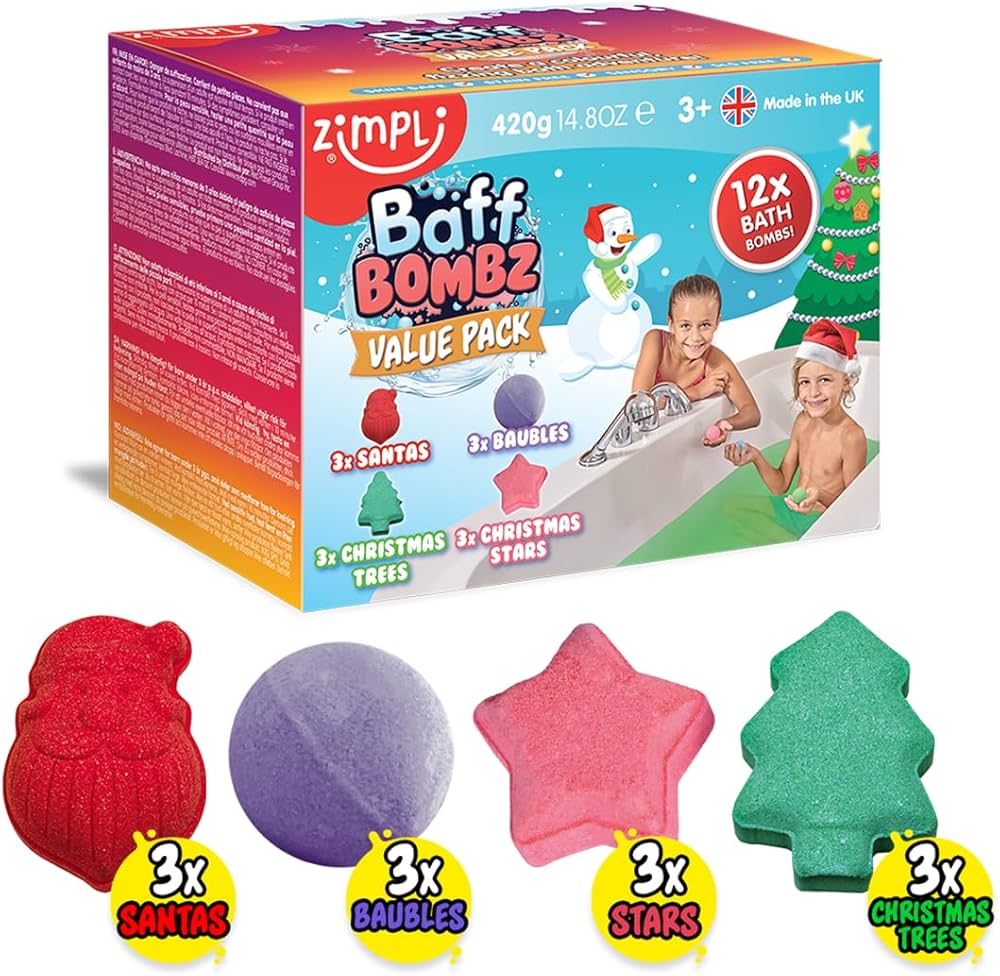 PRE-ORDER Zimpli Kids 12 x Christmas Bath Bomb Gift Set from, Great Value Stocking Fillers for Children, Bath Fizzers, Xmas Presents for Boys & Girls, Organic, Moisturising, Vegan Friendly & Cruelty Free
