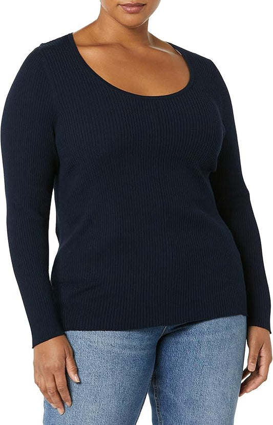 Amazon Essentials Women's Fine Gauge Stretch Scoop Neck Long-Sleeve Sweater, NAVY, XXL