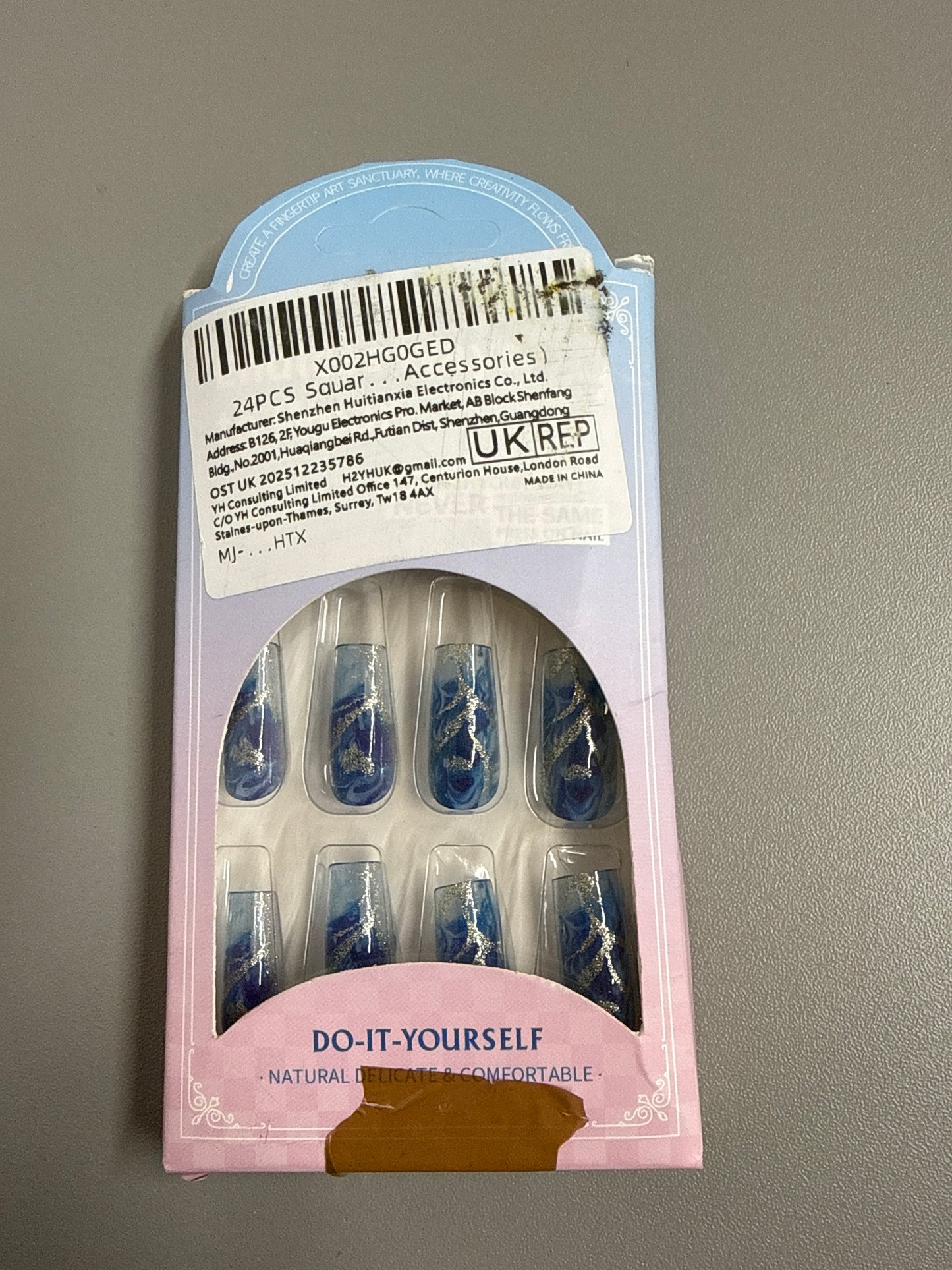 24Pcs Blue & Silver Marble Effect Square Nails