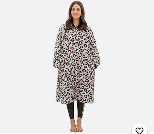 Leopard Print Hugzee Oversize Hooded Grey Fleece - Size: Large