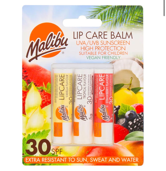 3 Pack - Malibu Sun SPF 30 Lip Balm Sunscreen Multipack, Vanilla,Tropical & Strawberry