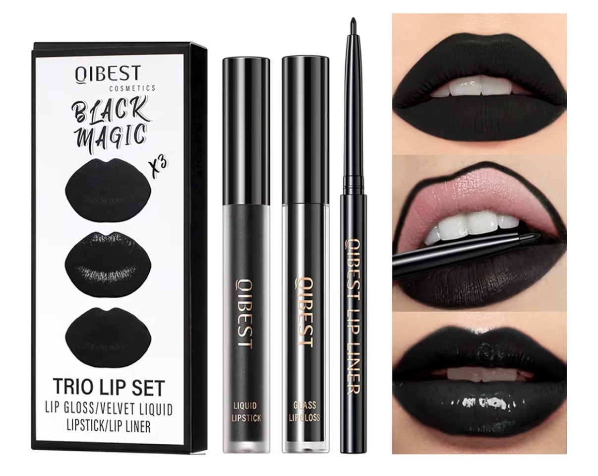 QiBest 3-in-1 Black Lipstick Set - Matte Liquid Lipstick + Lip Gloss + Gel Lip Liner Pencil