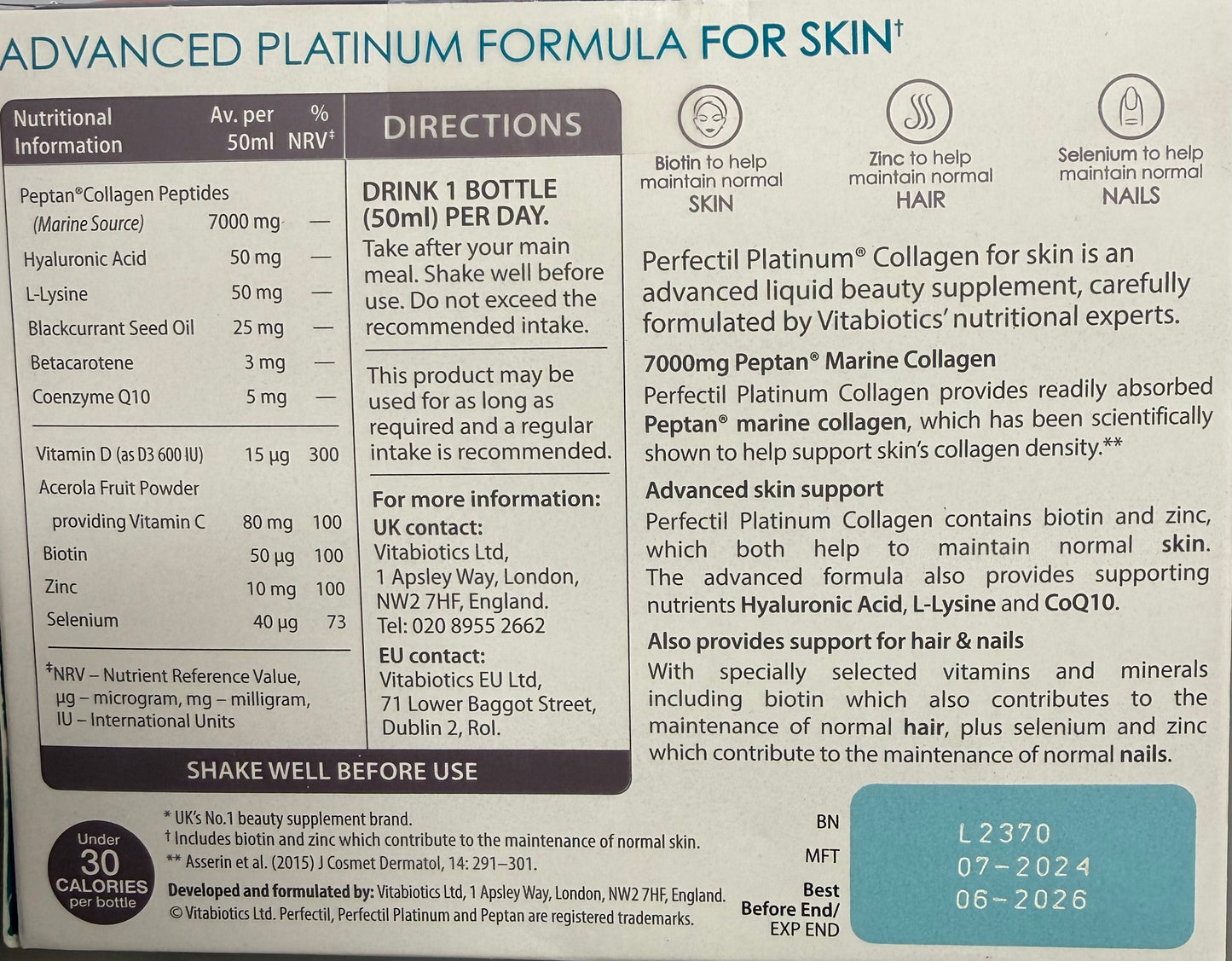 Vitabiotics Perfectil Platinum Collagen Skin Drink 10x50ml *06/2026 dated*