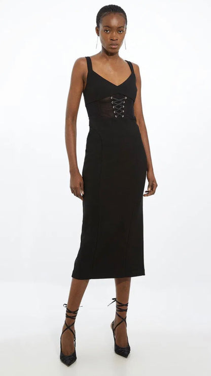 Karen Millen - Petite Figure Form Corset Detail Woven Strappy Midi Dress - Size 8 - Black