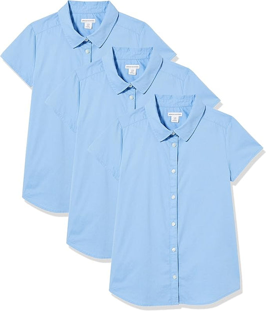 Amazon Essentials Girls' Uniform Short-Sleeved Stretch Poplin Button-Down Shirts, Pack of 3