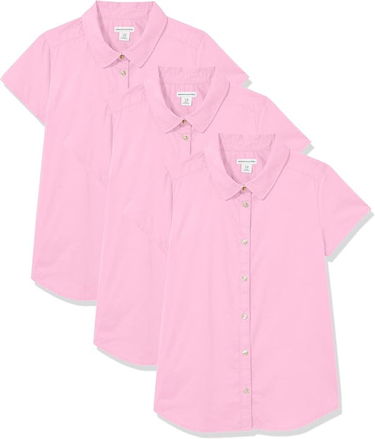 Amazon Essentials Girls' Uniform Short-Sleeved Stretch Poplin Button-Down Shirts, Pack of 3 - 9 YEARS SLIM