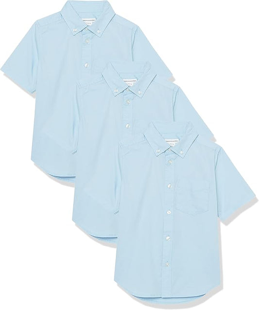 Amazon Essentials Boys' Uniform Short-Sleeved Woven Stretch Poplin Button-Down Shirts, Pack of 3 - 10 YEARS