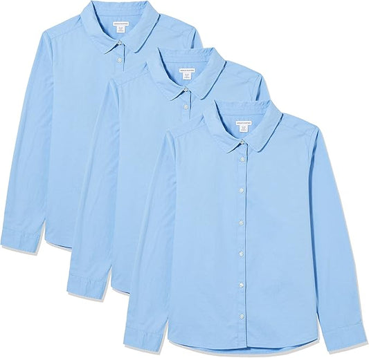 Amazon Essentials Girls' Uniform Long-Sleeved Woven Stretch Poplin Button-Down Shirts, Multipacks - 10 YEARS PLUS