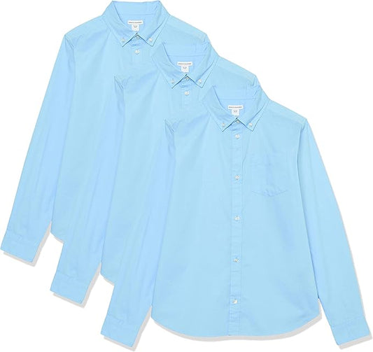 Amazon Essentials Boys' Uniform Long-Sleeve Woven Stretch Poplin Button-Down Shirts, Pack of 3