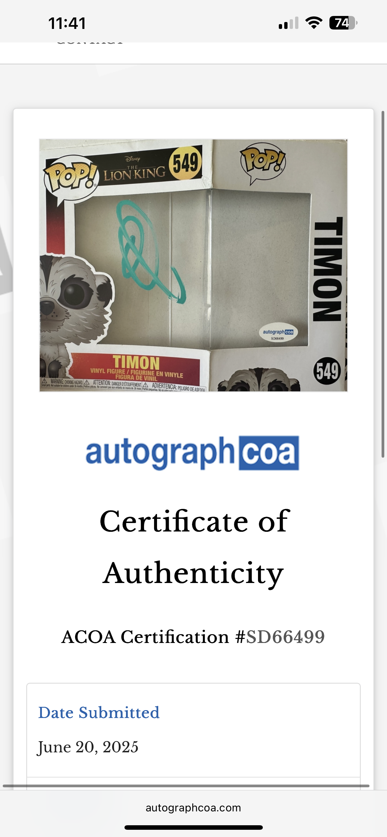 Lion king timon signed pop