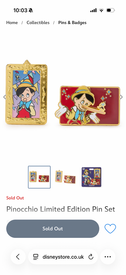Disney Store - Pinocchio Limited Edition Pin Set