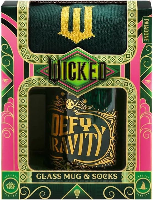 Paladone Wicked Movie Glass Mug & Socks Gift Set - Officially NBC Universal Licensed Gift for Wicked Fans, Green Tinted Defy Gravity Mug & Cozy Emerald City Ankle Socks