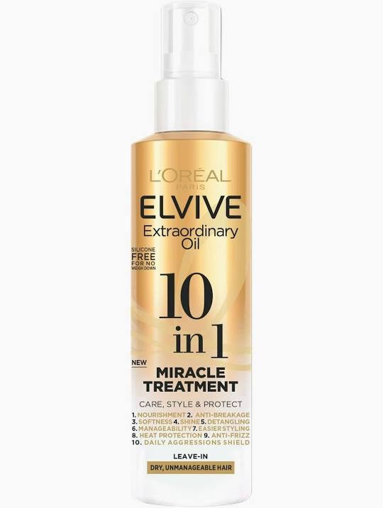 L'Oréal Paris 10-In-1 Miracle Treatment For Dry Unmanageable Hair, Elvive Extraordinary Oil Leave-In Spray With Precious Oils, Detangles And Protects From Heat And Frizz With No Weigh Down, 150ml