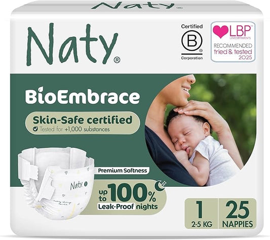 Naty BioEmbrace Baby Newborn Nappies | Sensitive Skin Safe Certified | Leak Protection up to 100% | Plant-Based Teddy Softness, Premium Comfort | Chlorine-Free | Size 1 (2–5kg), 25 Count
