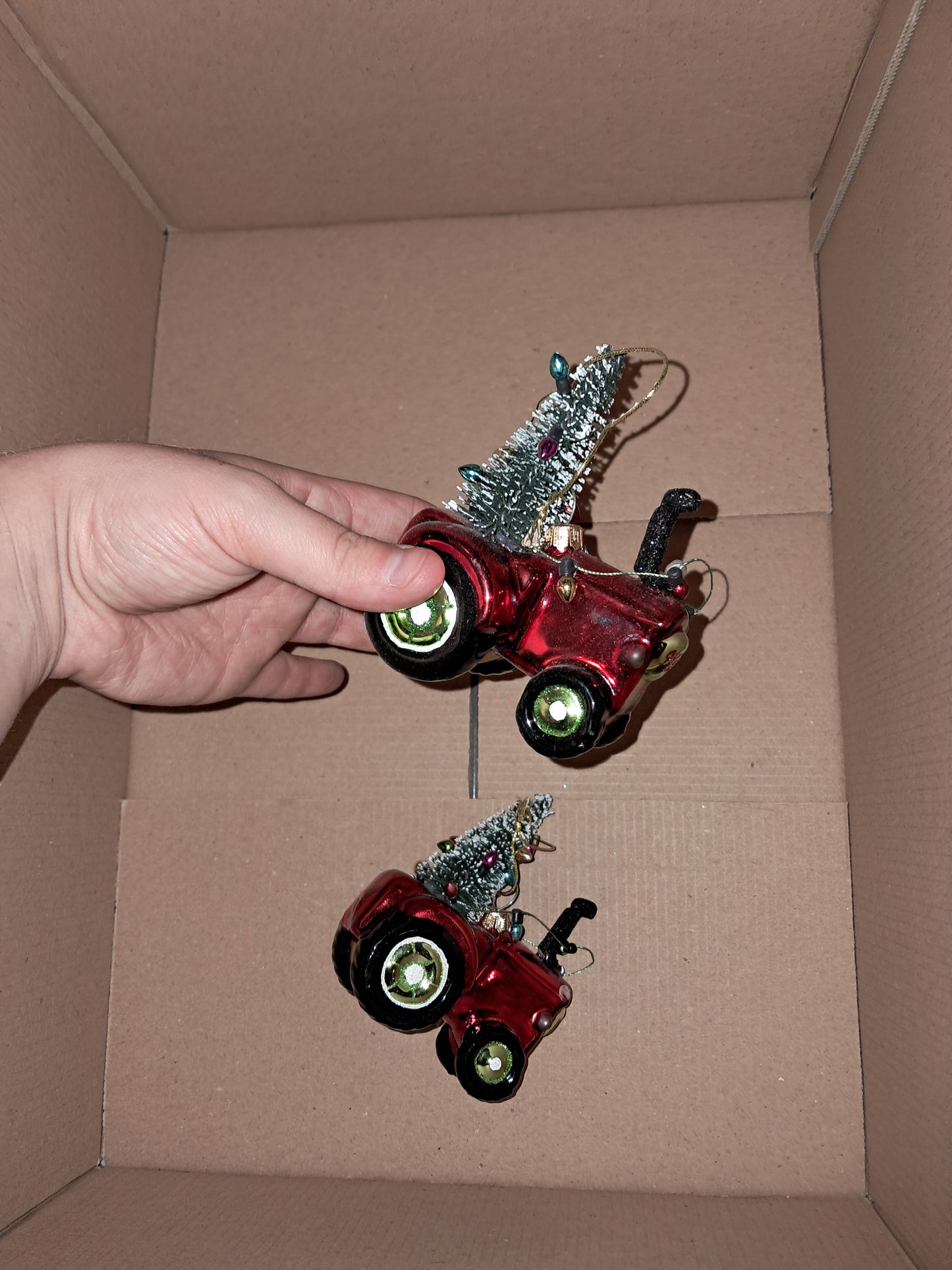 SET OF TWO GLASS hanging ornament tractors COLLECTION ONLY