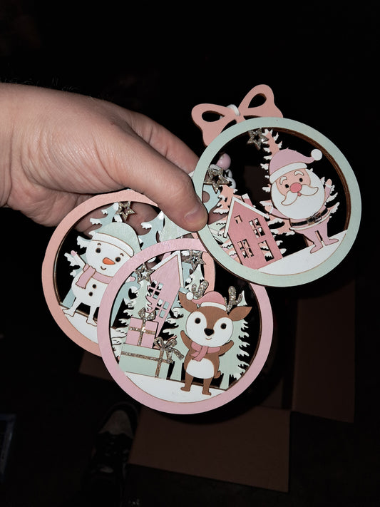 Set of 3 pastel wooden baubles