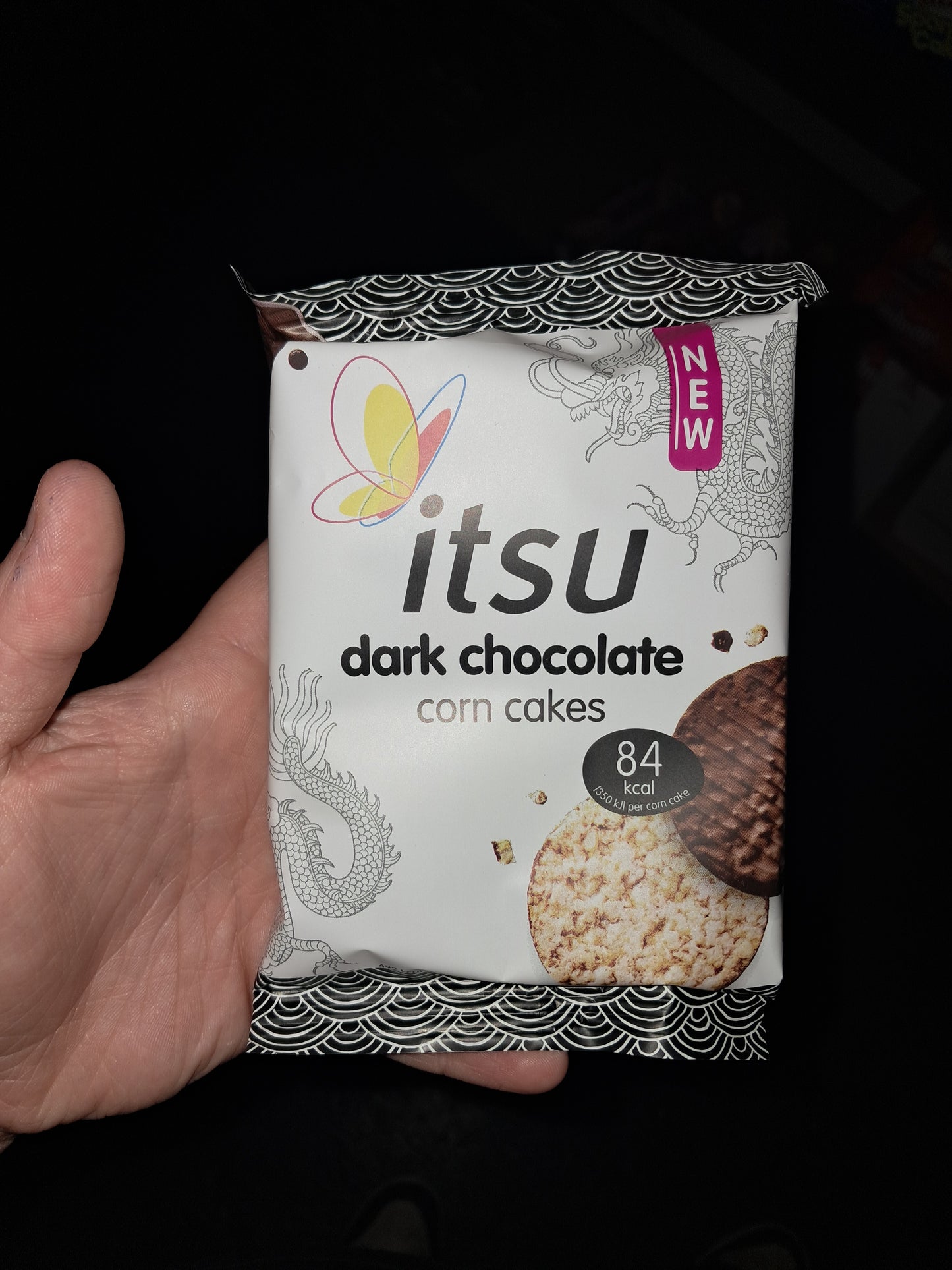 It’s dark chocolate corn cakes